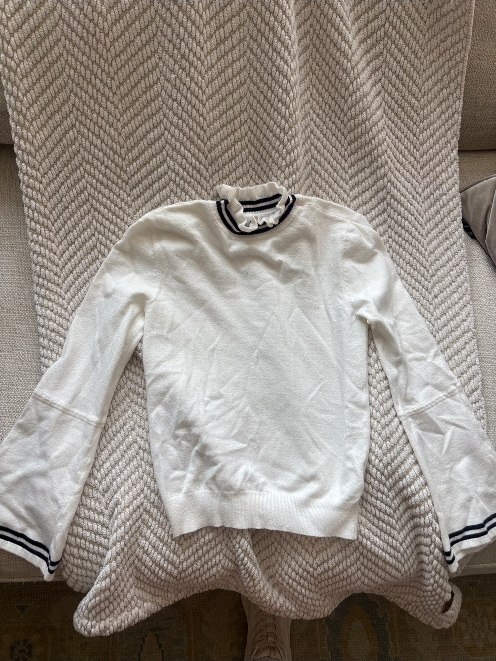 BB Dakota White Ruffle Mock Neck Sweater with Black Trim